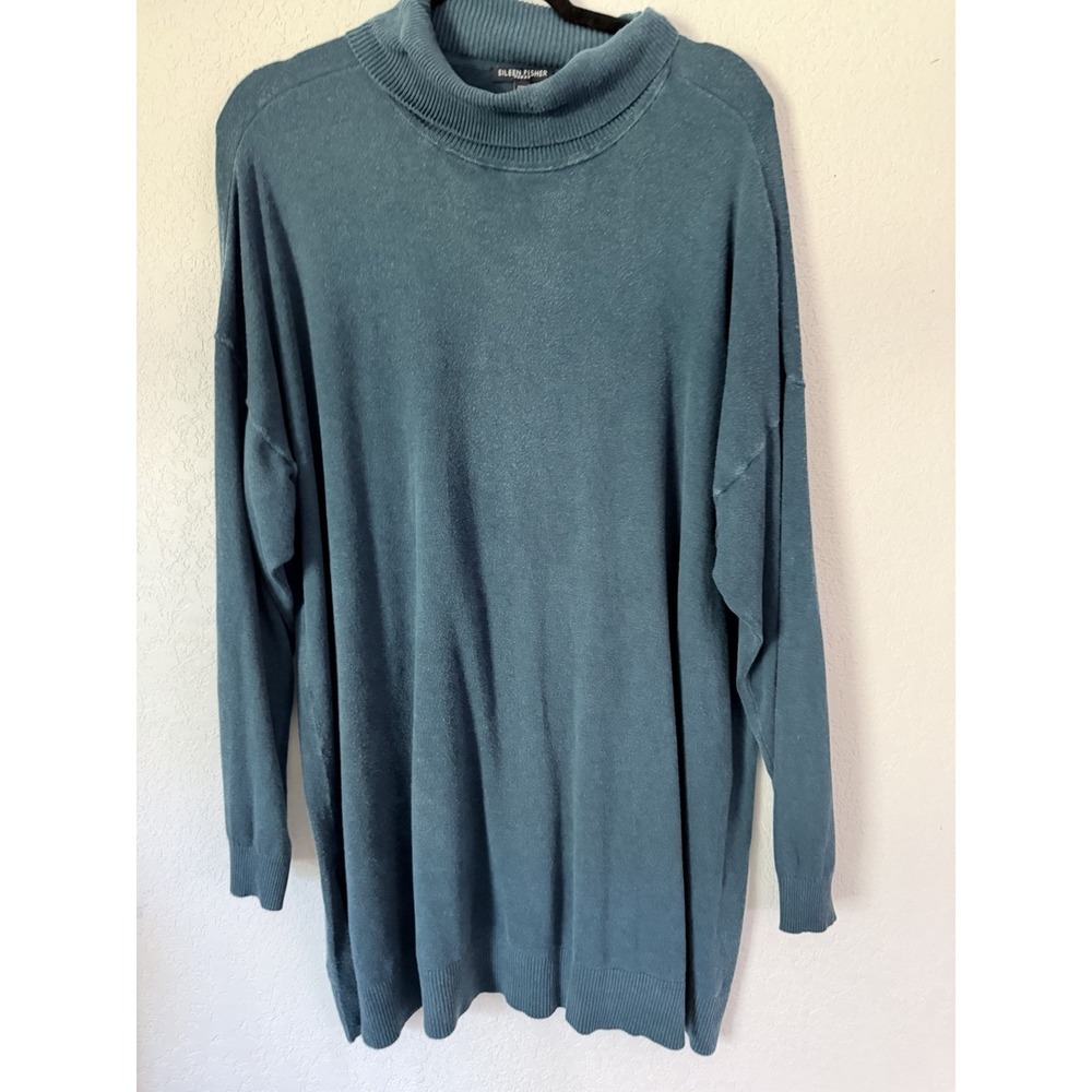 Eileen Fisher Tunic Top 2X Blue Turtleneck Plus Side Slits Pullover Lagenlook